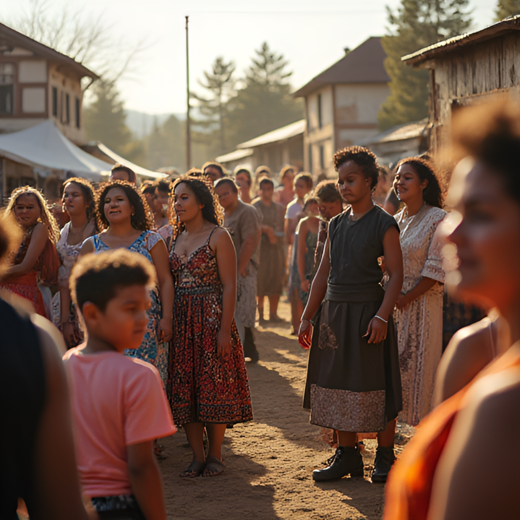 A warm, inviting image of a community gathering or event in Mława, showcasing local culture or historical architecture, representing the strength and resilience of the town's residents.