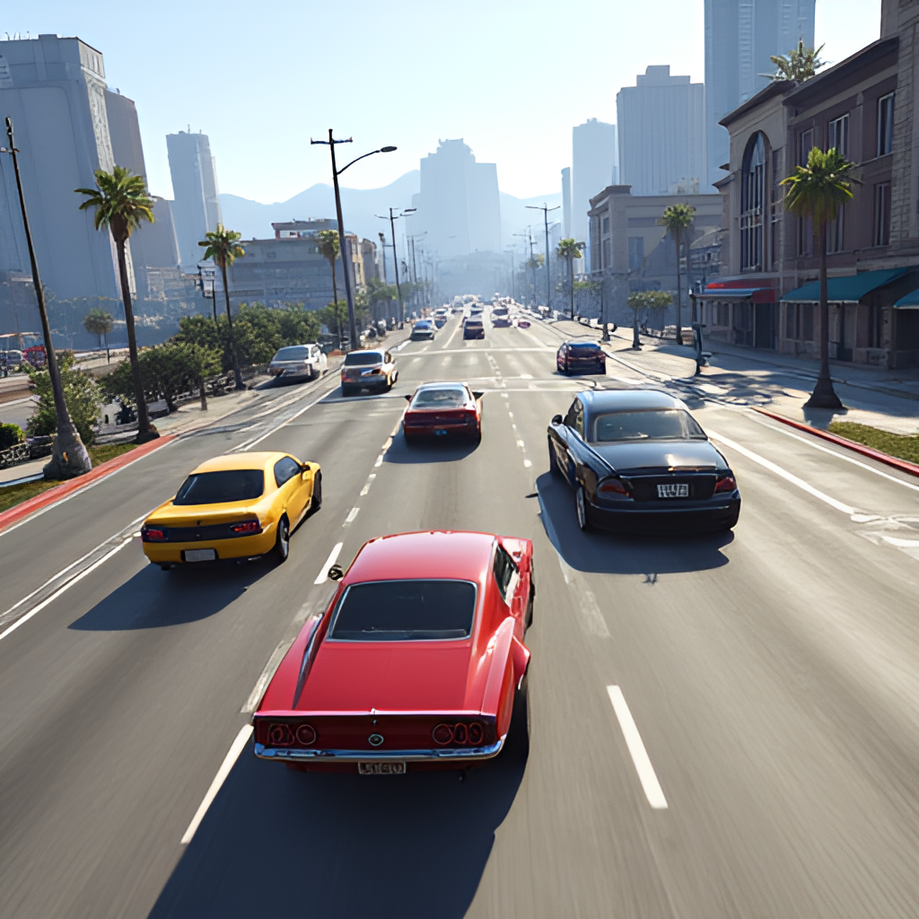 A high-angle screenshot of a bustling street scene in GTA Online, featuring multiple player-controlled custom cars driving past iconic Los Santos landmarks, conveying the active multiplayer experience.