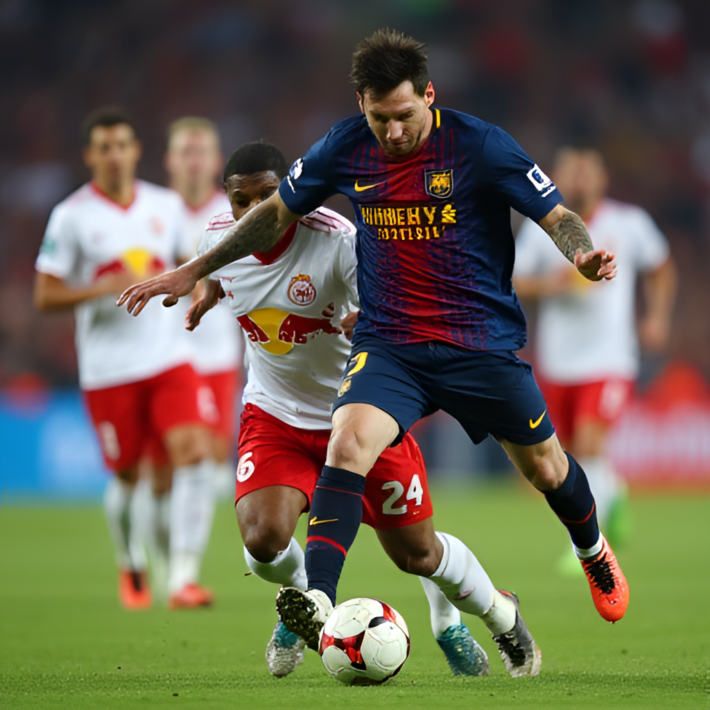 A close-up, action-oriented shot of Lionel Messi or another key player from either Inter Miami or New York Red Bulls, dribbling or passing the ball during a match, emphasizing focus and skill.