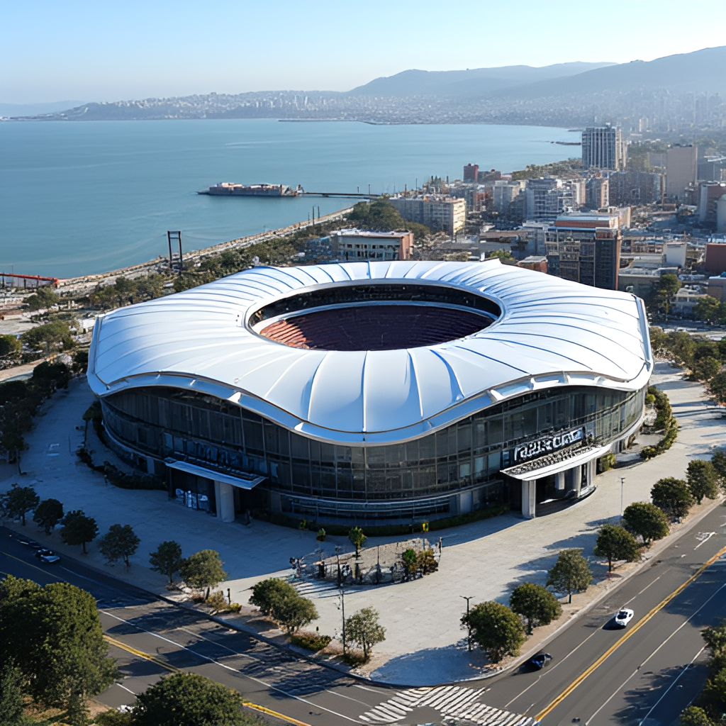 An aerial view of the modern Chase Center arena in San Francisco, with the surrounding Thrive City area visible, under a clear sky.