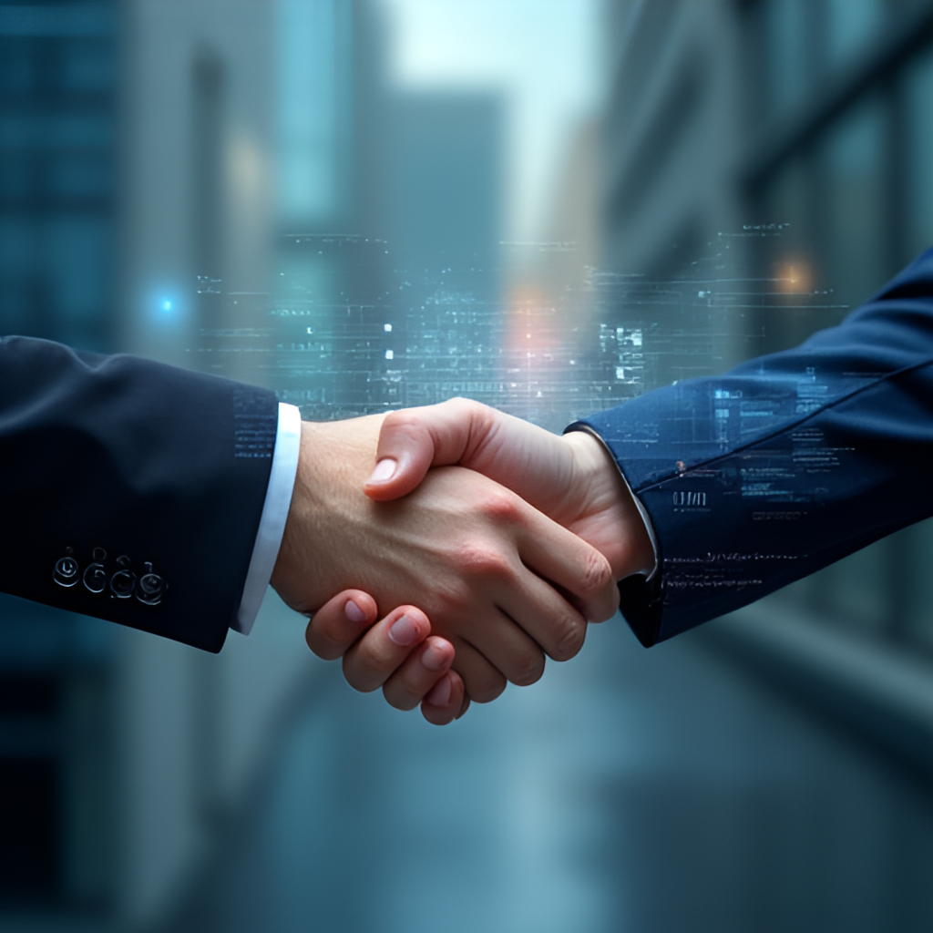 A modern, dynamic image of a handshake between business people with a subtle digital interface overlay, symbolizing the strategic acquisition and future collaboration in the Polish banking market.
