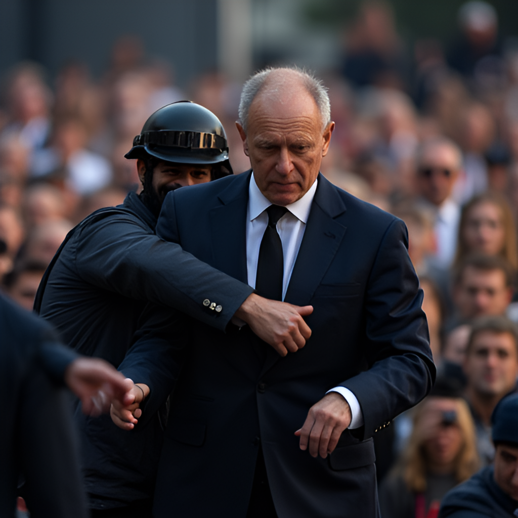 A close-up photo showing a security guard quickly escorting a man resembling Donald Tusk away from a stage area during a public event, emphasizing the swift reaction of the protection services