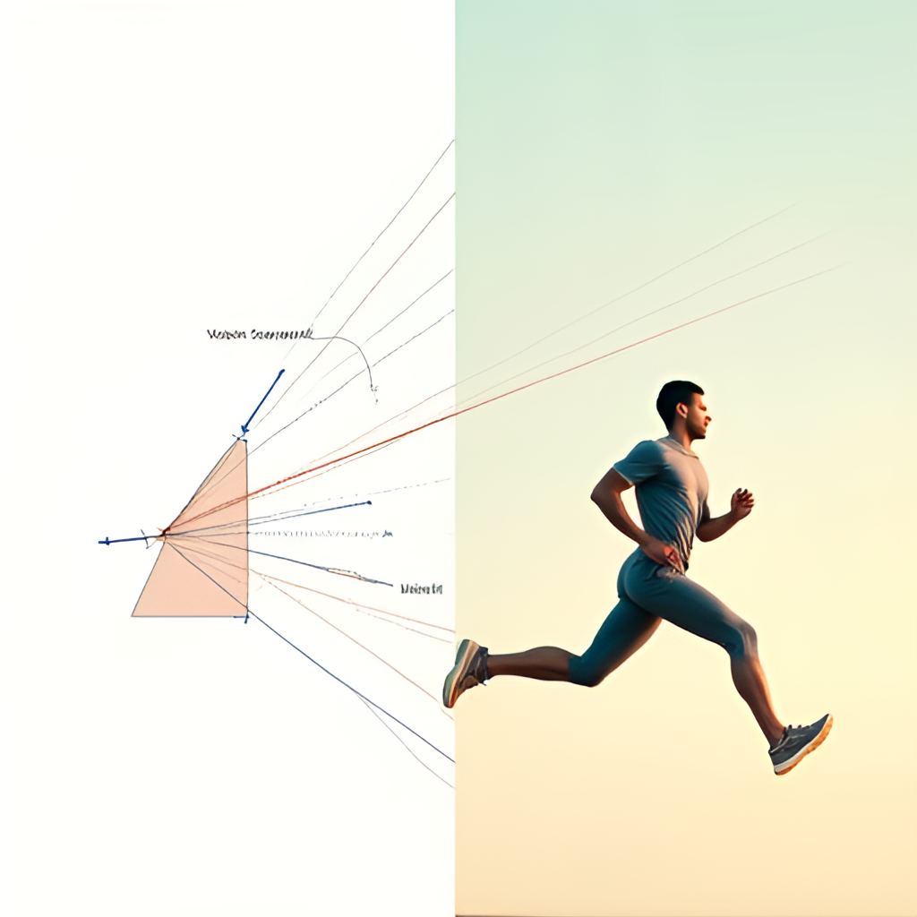 A split image showing on one side a diagram illustrating classical mechanics with vectors and forces acting on a moving object, and on the other side a dynamic illustration of a person running outdoors with a sense of energy and freedom, representing physical movement.