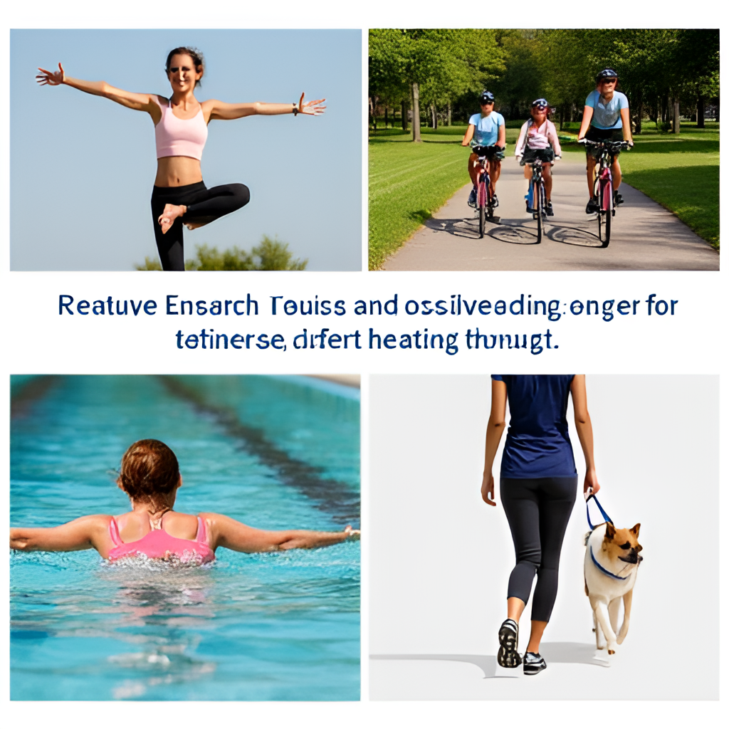 A collage of images depicting various forms of physical activity: a person doing yoga, a group cycling in a park, someone swimming laps in a pool, and a person walking a dog, emphasizing diverse ways to incorporate more movement into daily life.