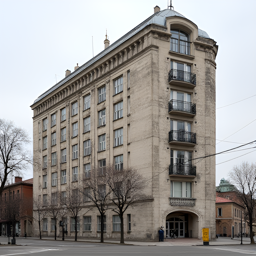 A contemporary photo of the building at Marszałkowska 66 in Warsaw, highlighting its current appearance and the traces of history on its facade.