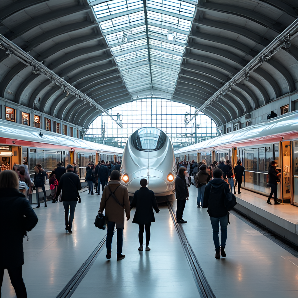 A panoramic view of a bustling modern train station in a major Polish city, showing diverse groups of travelers and sleek train designs.