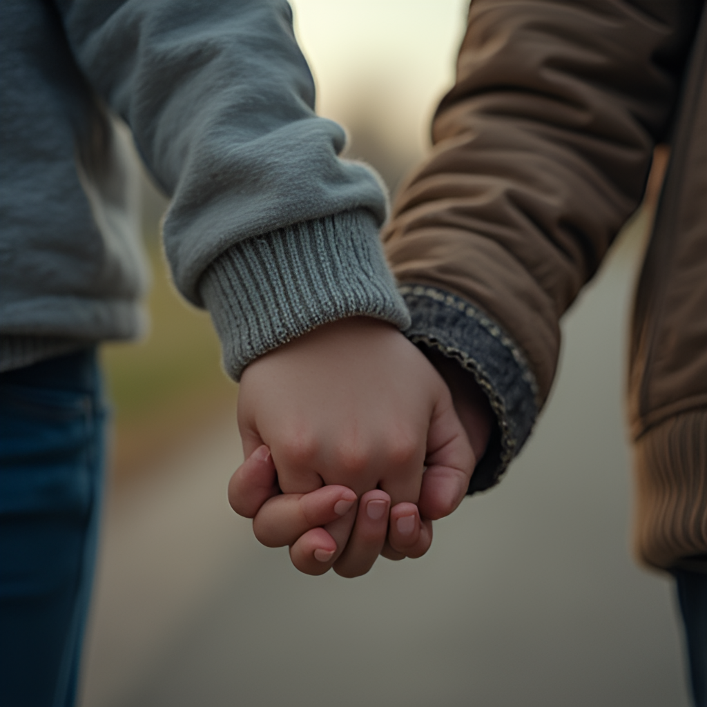 A close-up, empathetic photo of a parent holding a child's hand, emphasizing the bond and the anxiety associated with a child going missing, in a slightly desaturated, sensitive style.