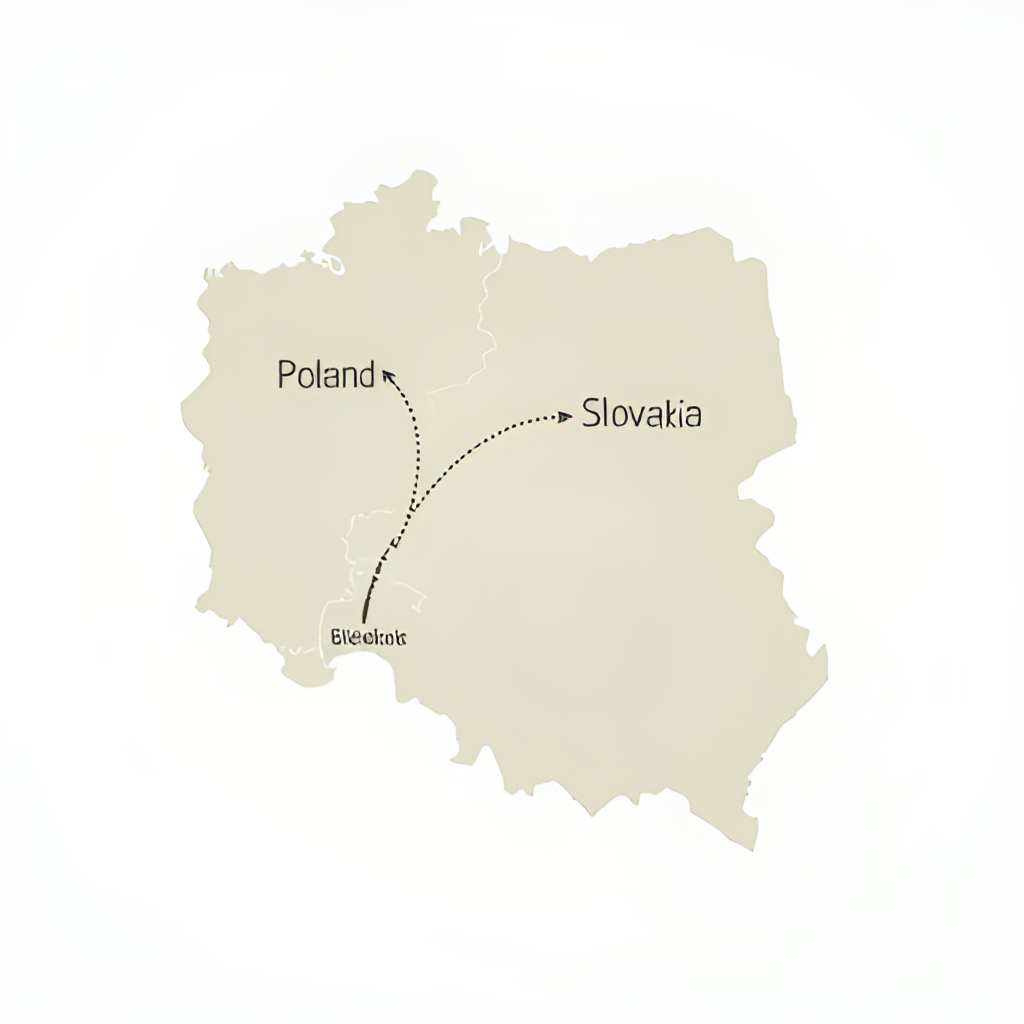 A map highlighting Poland and Slovakia, with dotted lines or arrows indicating Biedronka's expansion from Poland into Slovakia, symbolizing international growth. Style: Clean, illustrative graphic with subtle color grading.