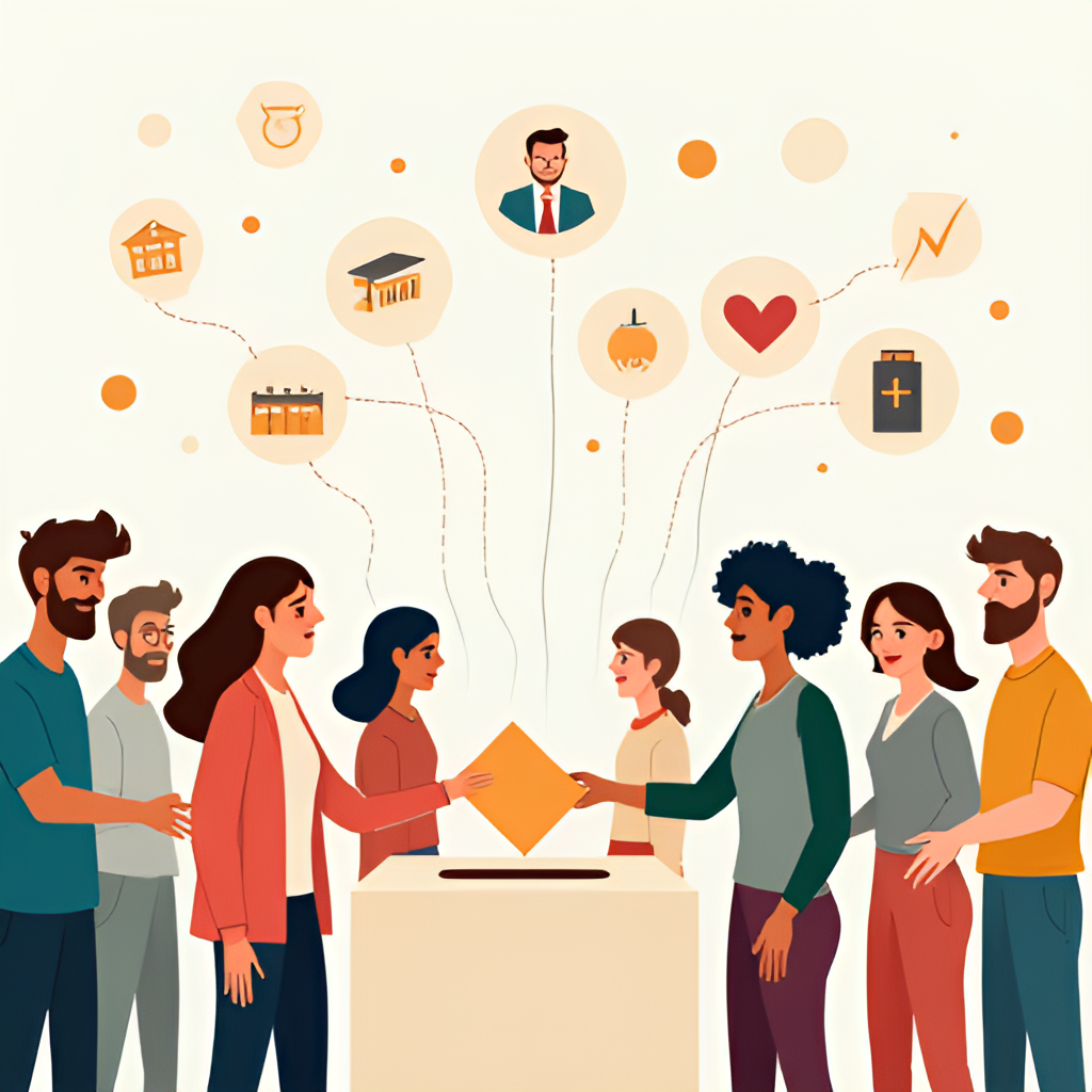 A diverse group of people casting ballots into a stylized ballot box, overlaid with faint lines connecting them to simplified icons representing different policy areas (e.g., education, economy, healthcare). Illustrated style.
