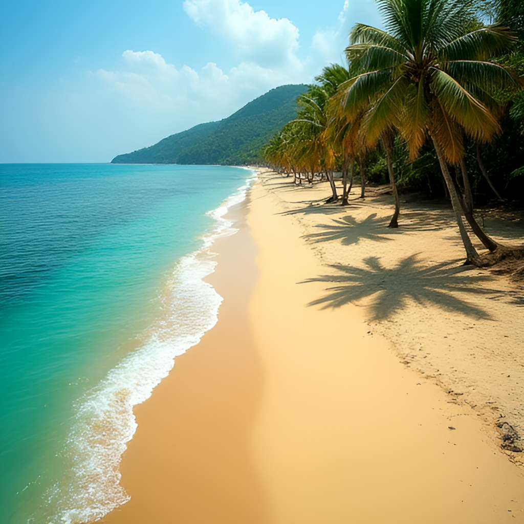 A drone shot capturing the beauty of a tropical beach in Sri Lanka, with golden sand, turquoise water, and palm trees swaying in the breeze.