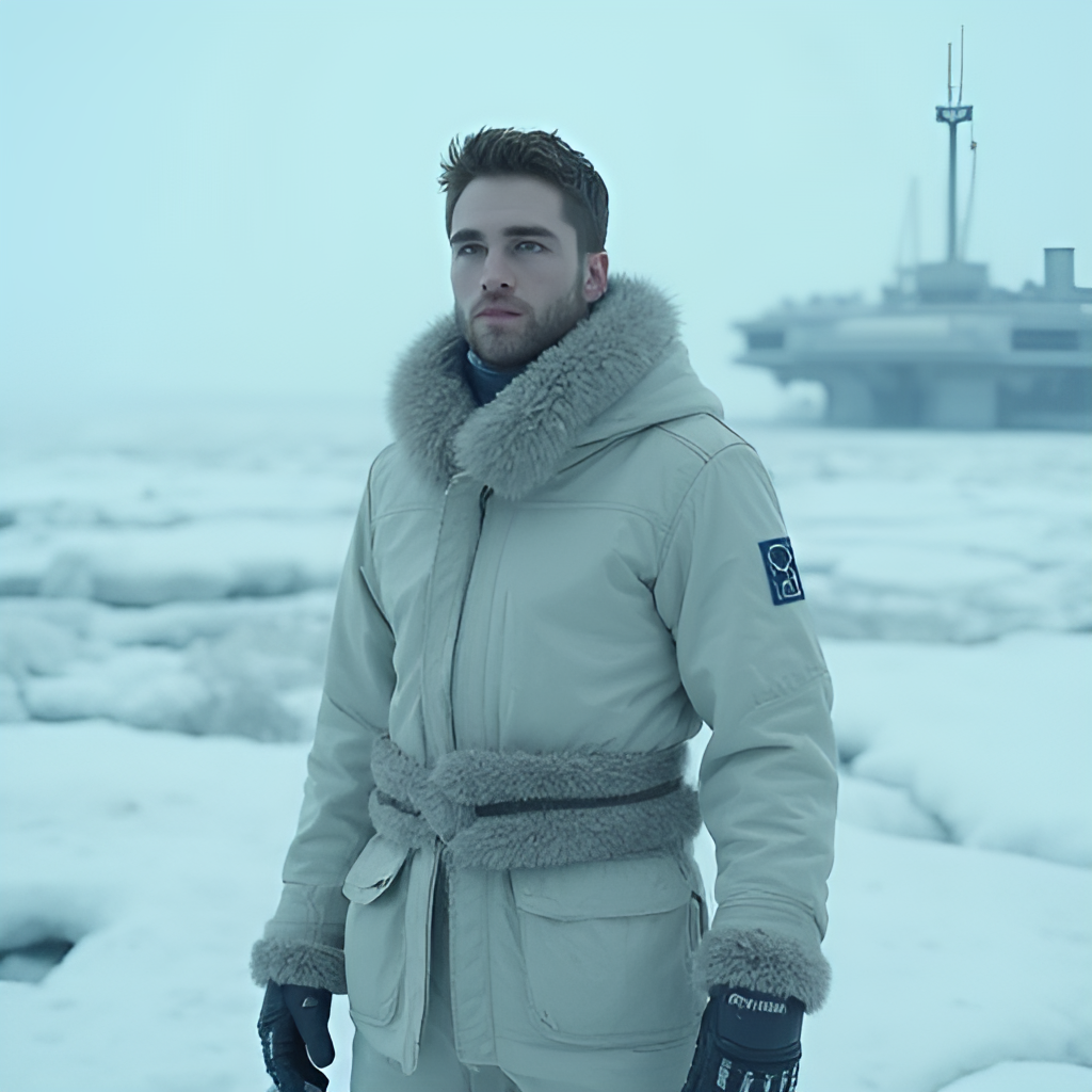 A still from the movie Mickey 17 showing Robert Pattinson as Mickey Barnes in a futuristic, icy landscape with a distant view of a space colony base. The tone is cold and isolated, capturing the sci-fi setting.