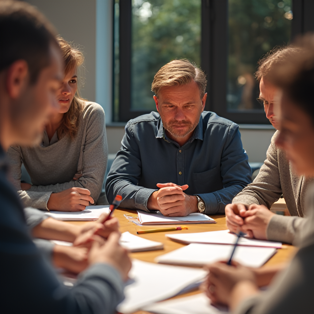 A photorealistic image of a diverse group of people engaged in an animated discussion around a table, with notebooks and pens, suggesting preparation and active participation in a debate or focused discussion