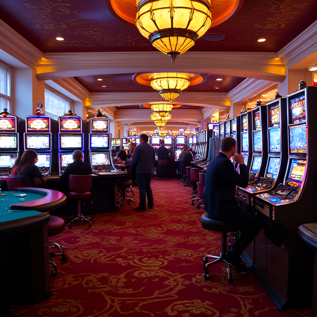 A close-up interior shot of a bustling casino floor in Nevada, showing rows of slot machines, poker tables, and people playing games, with a sense of excitement and energy