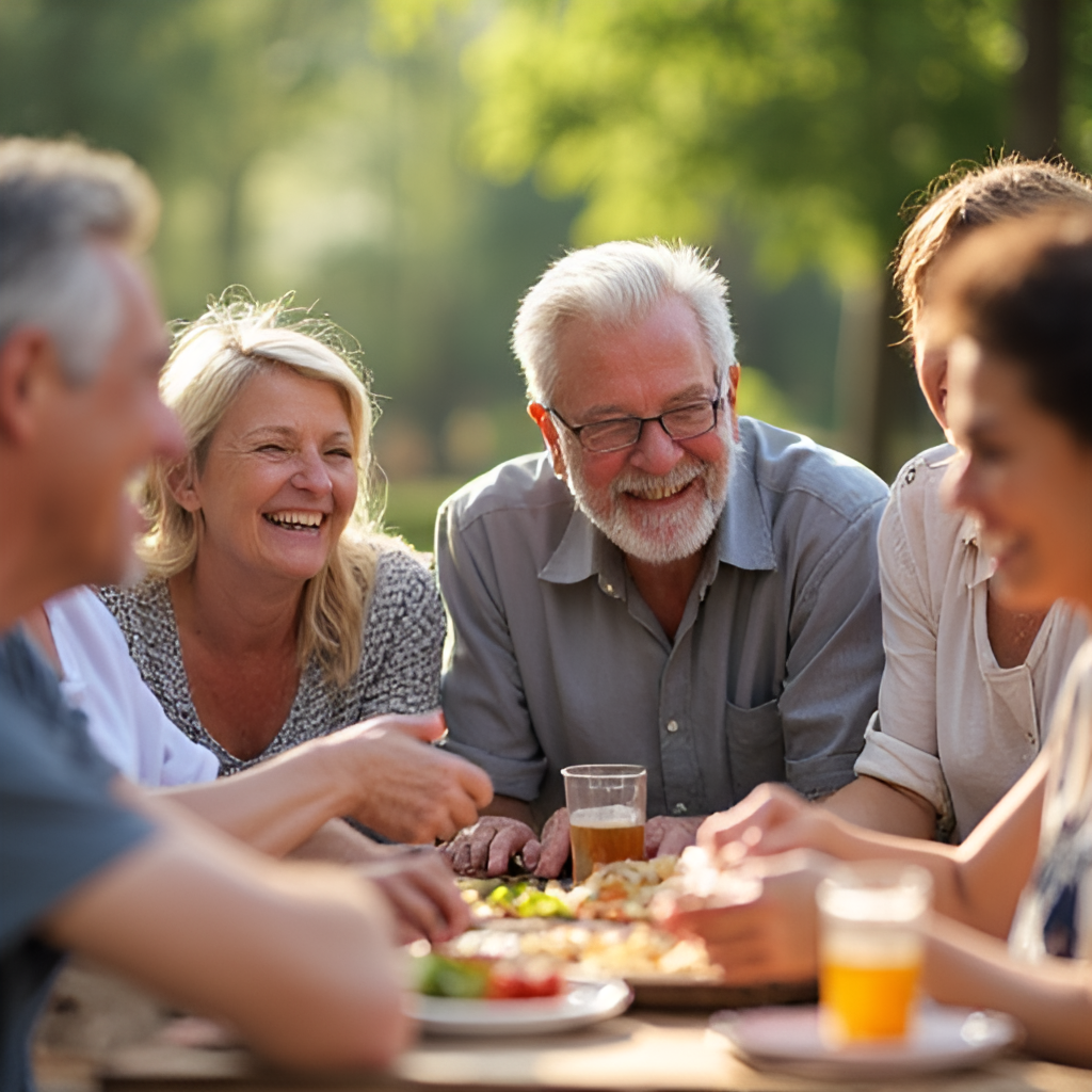 A multi-generational family group, including a father-in-law figure, laughing and enjoying a meal or activity together outdoors, perhaps at a barbecue or picnic, illustrating positive family bonding and celebration.