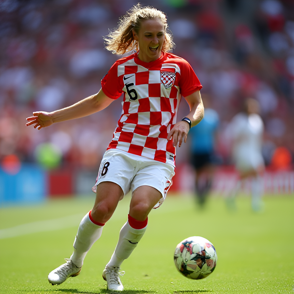 An action shot of Luka Modric in a Croatia national team kit, making a key pass or celebrating a goal during a major international tournament like the World Cup, conveying passion and leadership.