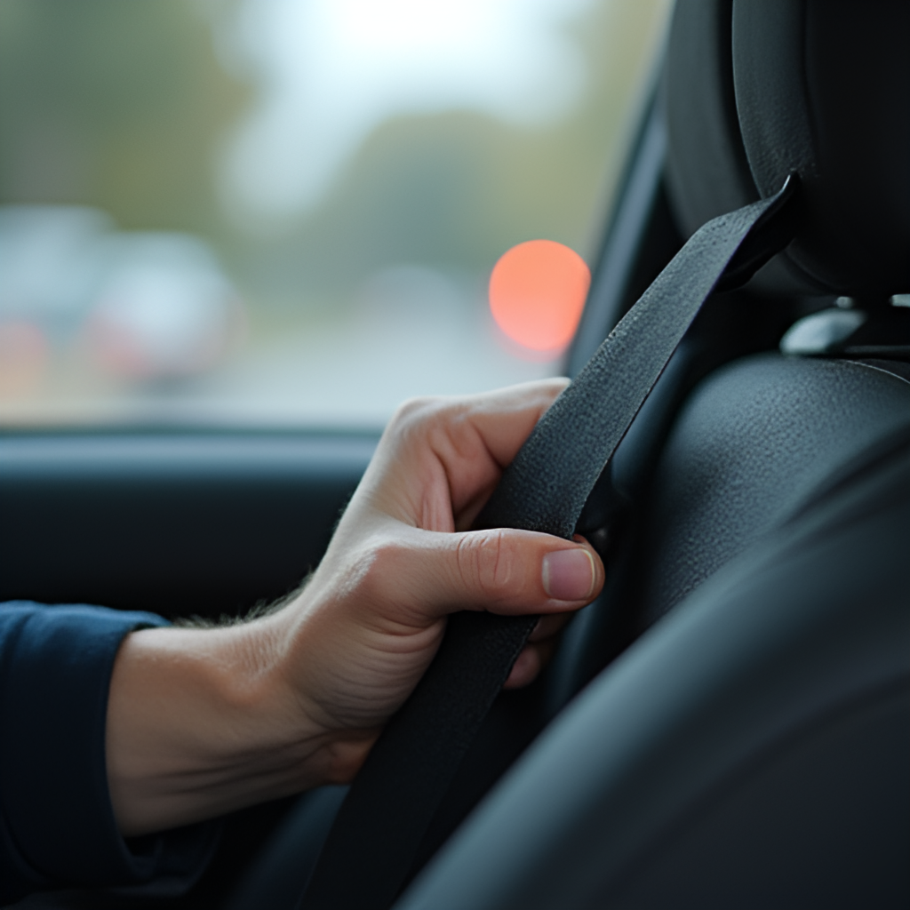 A close-up shot of a hand adjusting a seatbelt in a car, with a blurred road scene visible in the background, symbolizing personal responsibility in preventing traffic accidents.