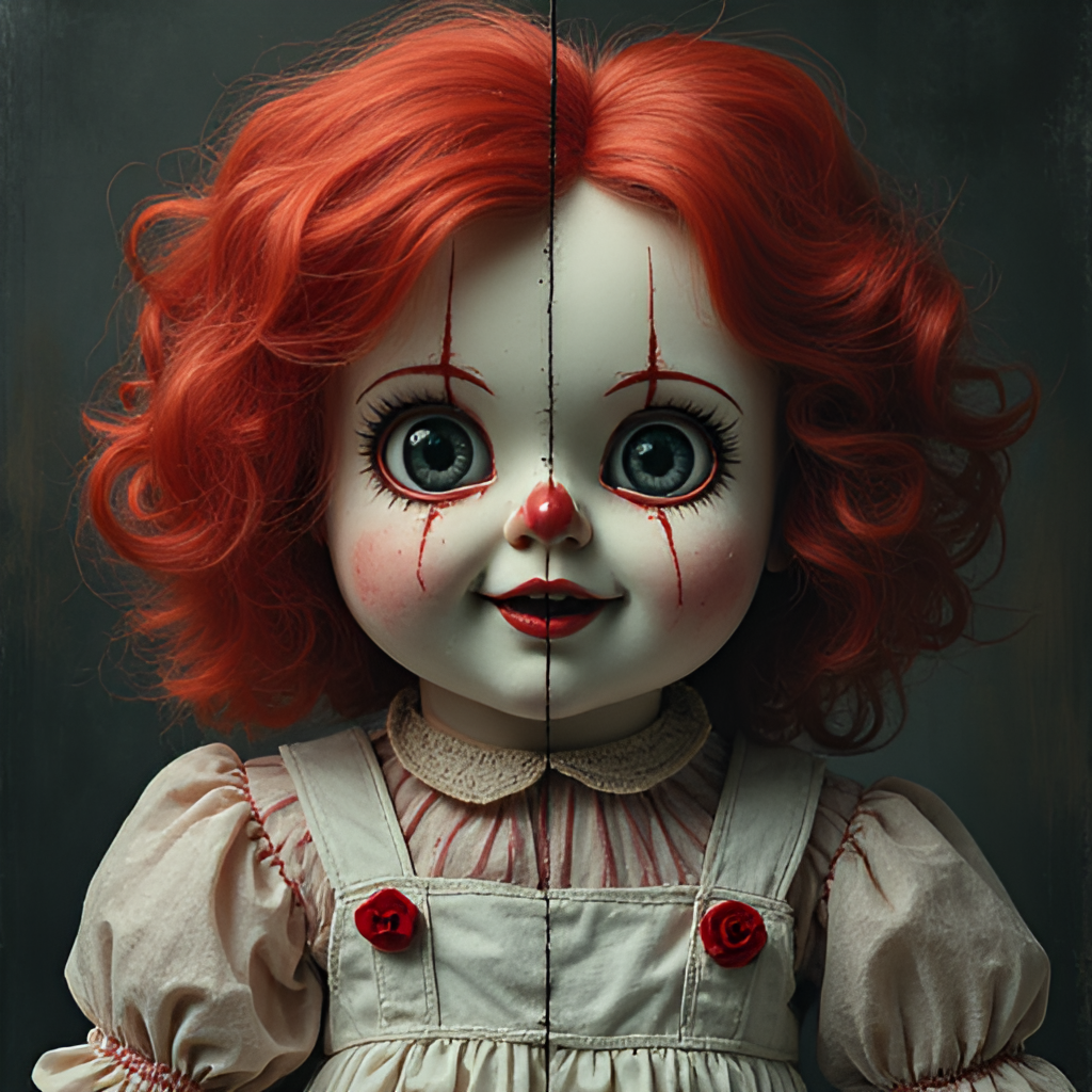 A collage or split image showing the contrast between the sweet-looking Raggedy Ann doll and the terrifying porcelain doll from the 'Annabelle' movies, with thematic elements of shadows and mystery, illustrative or mixed media style