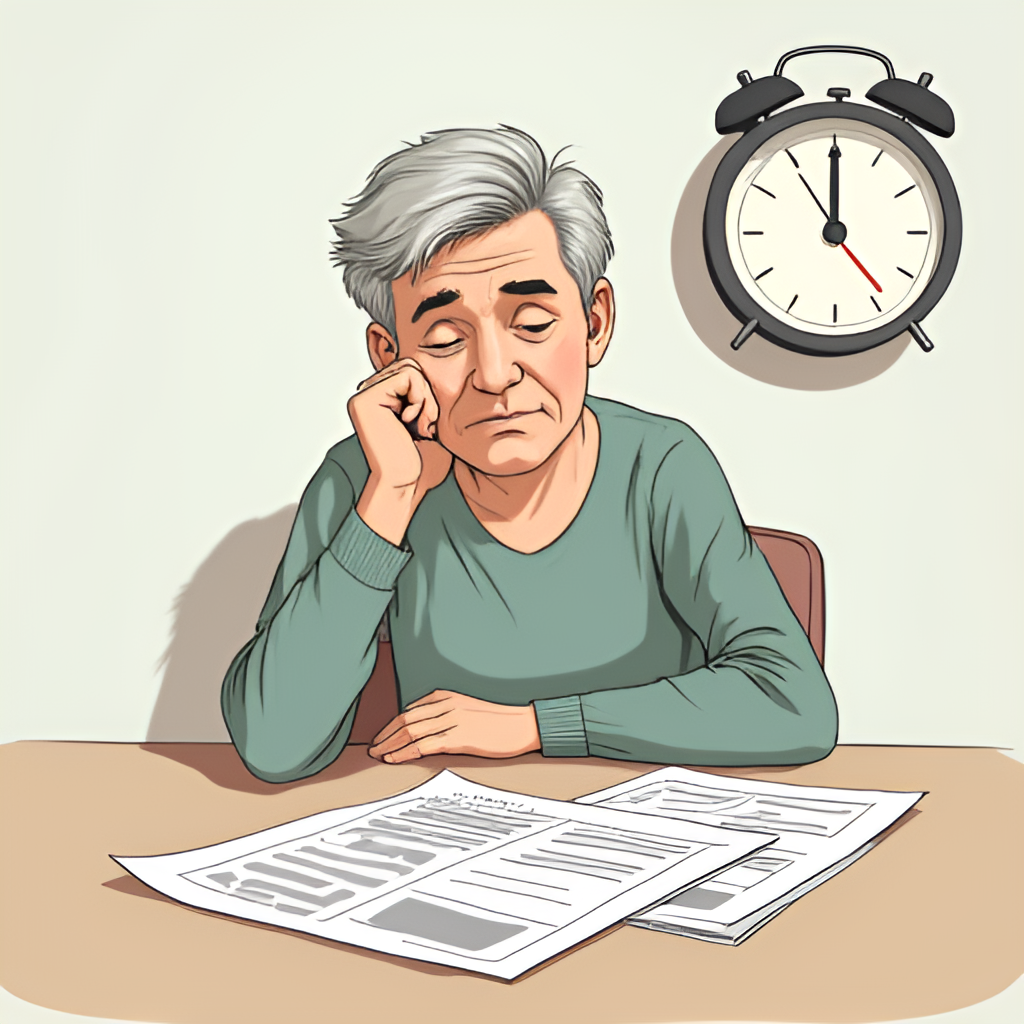 A sympathetic illustration showing a person sitting thoughtfully at a table with documents, perhaps reviewing their pension options, with a calendar or clock subtly visible in the background, conveying the theme of future financial security and life changes.