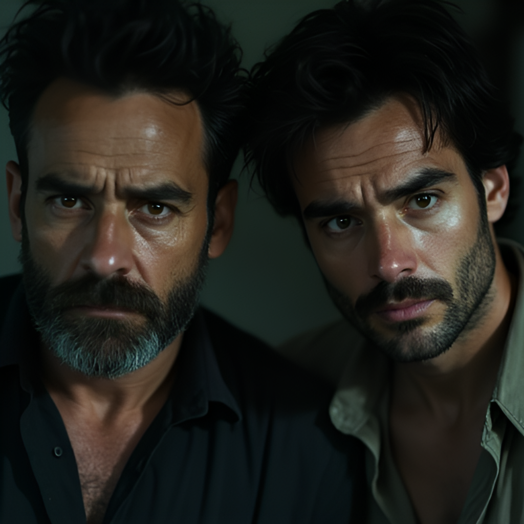 A tense, low-angle shot focusing on the faces of actors resembling Benicio del Toro and Josh Brolin from the Sicario films, framed against a backdrop suggesting a covert operation or a dark urban environment, emphasizing their determined and weary expressions. Gritty, realistic style.