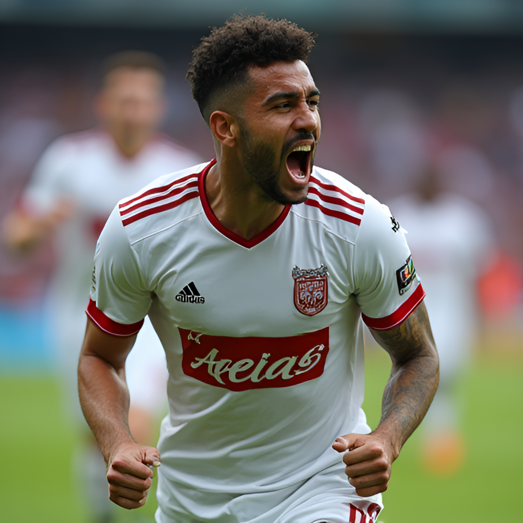 A close-up shot of a football player from either Al-Hilal or Al-Qadisiyah celebrating a goal or making a key play, showing intensity and emotion on the field