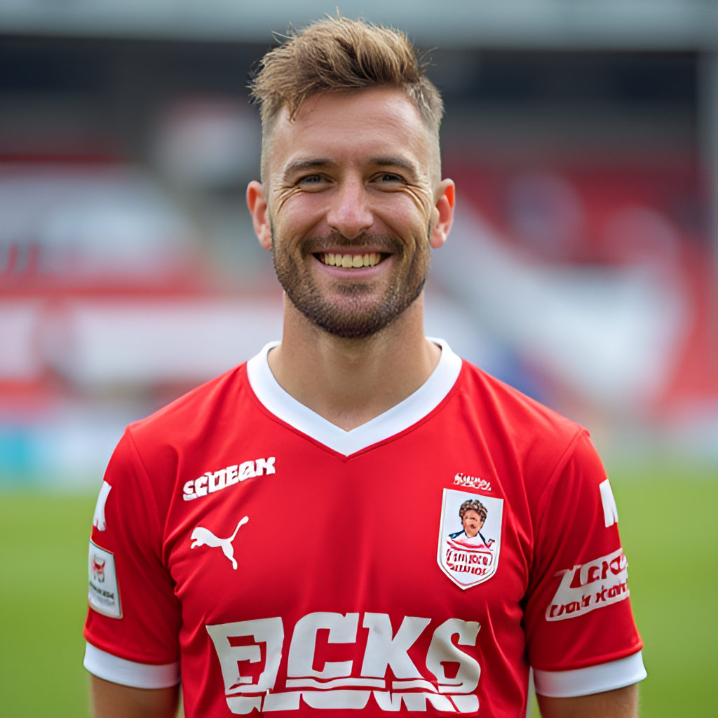 A portrait shot of Natan Dzięgielewski smiling and looking determined, wearing a half GKS Tychy and half Górnik Zabrze jersey, symbolizing his transition. The background could be a mix of the two club's stadium elements.