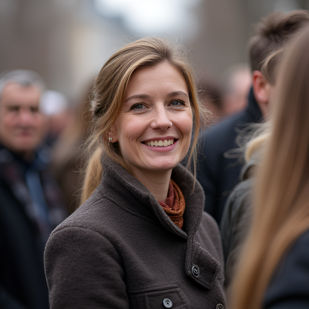 Portrait photo of Małgorzata Trzaskowska at a public event, possibly a campaign rally or social initiative meeting, smiling and looking engaged with people around her. The background is slightly blurred.