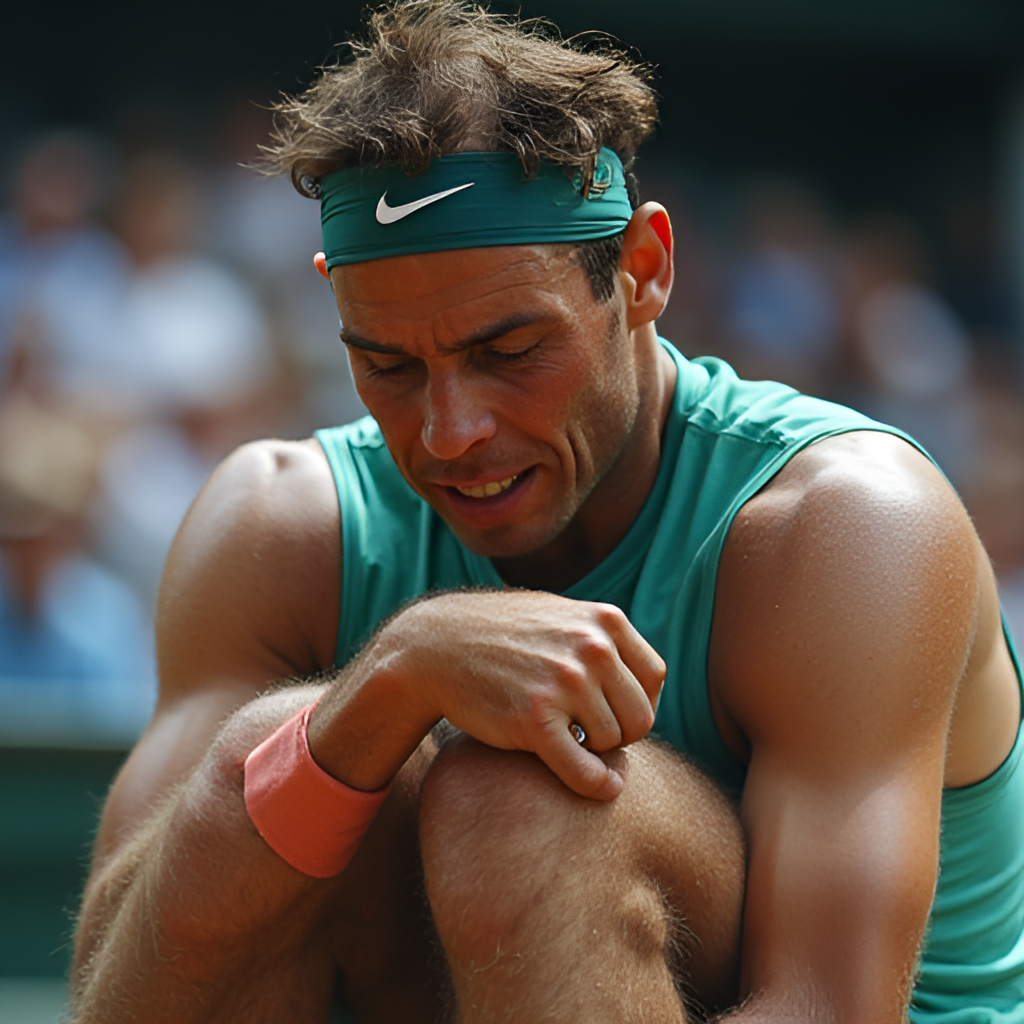 A poignant image showing Rafael Nadal being treated for an injury on court, emphasizing the physical toll of his career, perhaps with a pained expression, conveying his constant battle with his body.