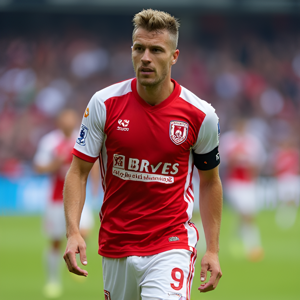 A football player in a GKS Katowice kit, looking determined on the pitch, perhaps celebrating a goal or making a key pass. Stadium background visible.