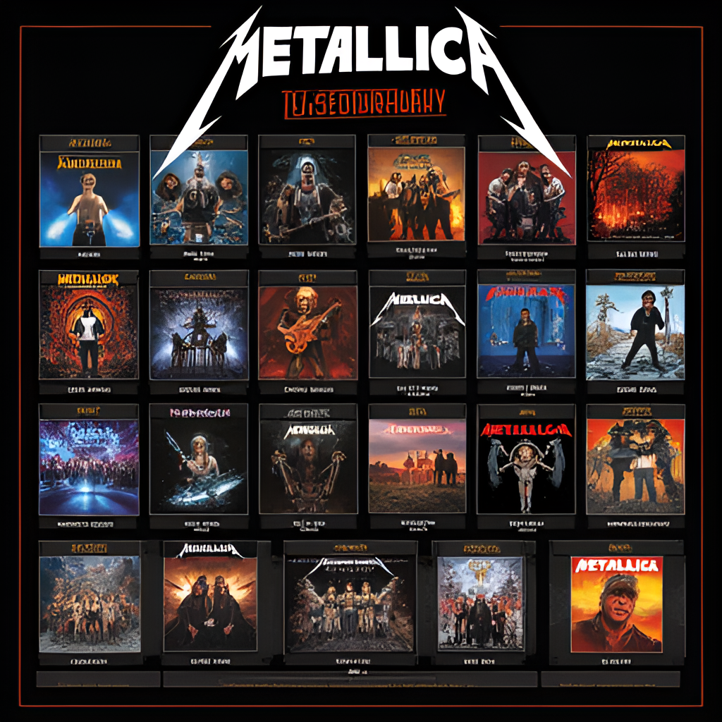 A stylized graphic showcasing the album covers of Metallica's major releases from 'Kill 'Em All' to '72 Seasons', arranged chronologically or artistically, representing their discography evolution