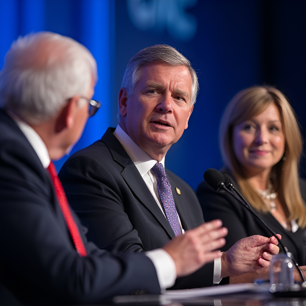 A close-up, dynamic photo showing two or three individuals, likely politicians or commentators, engaged in a lively panel discussion on a stage with microphones, emphasizing intellectual debate at the CPAC event.
