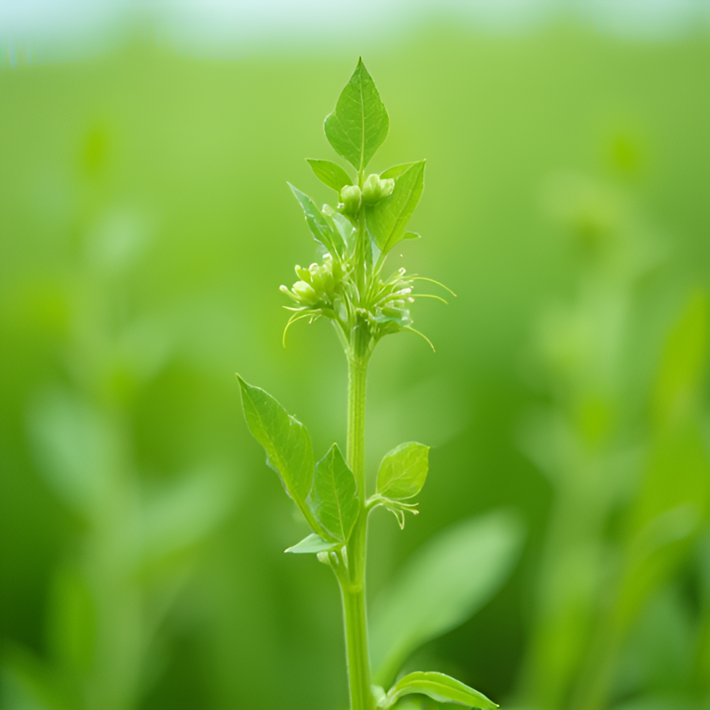 A close-up, detailed shot of a healthy rapeseed plant stem and leaves, showing good development and possibly a few early flower buds, against a slightly blurred background of other plants in the field. The style is naturalistic and emphasizes detail.