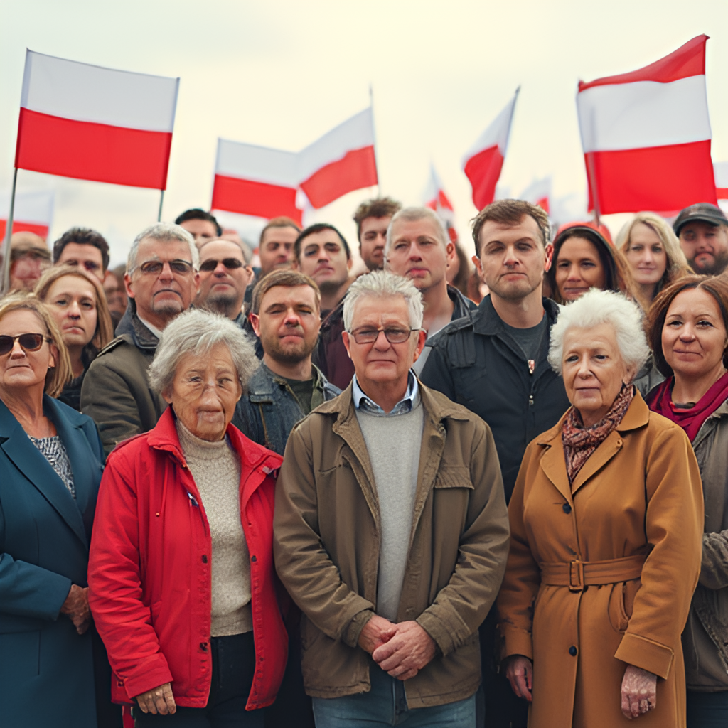 An image depicting diverse group of Polish citizens, representing different age groups and backgrounds, standing together as if representing the electorate, with election symbols in the background.