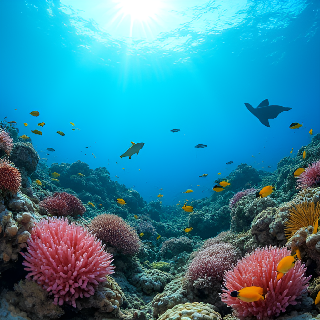 Underwater view of vibrant coral reef in the Maldives with diverse marine life, including colorful fish, sea turtles, and possibly a small reef shark, with clear blue water and sunlight filtering through