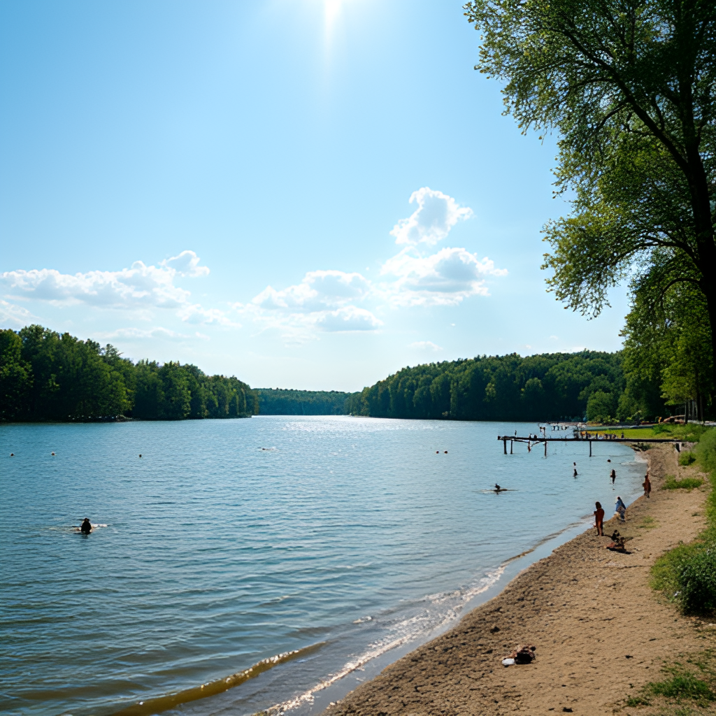 Scenic view of Zalew Chechło near Chrzanów with people enjoying water activities or relaxing by the shore, surrounded by trees and clear blue sky, natural light, inviting atmosphere