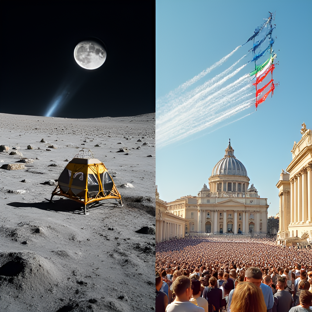 A split image showing two contrasting events from June 2nd worldwide: one panel illustrating the landing of Surveyor 1 on the moon and the other depicting the Festa della Repubblica celebrations in Rome with the Frecce Tricolori flypast.