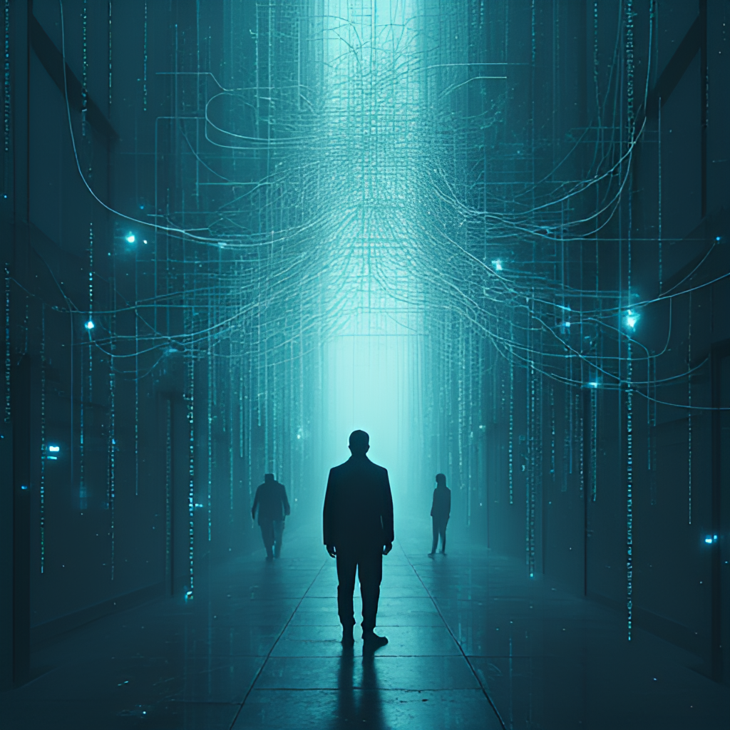 An illustrative image depicting the concept of digital surveillance or controversial technology, potentially showing abstract lines or data flowing towards a central point, with subtle, slightly unsettling elements hinting at intrusion.