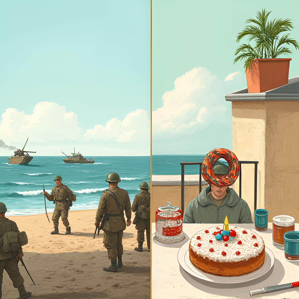 A split image or diptych. On one side, a solemn, historical scene depicting the D-Day landing with Allied soldiers on a beach. On the other side, a contrasting, peaceful scene showing people celebrating imieniny with a cake, alongside symbols like a yo-yo or a green plant on a rooftop. Use a slightly painterly or illustrative style.