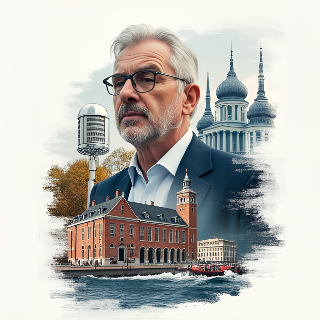 Collage or split image showing symbols of Daniel Nawrocki's activities: university building, newspaper/microphone, city hall, and maybe a subtle reference to maritime themes, all in a modern, dynamic style