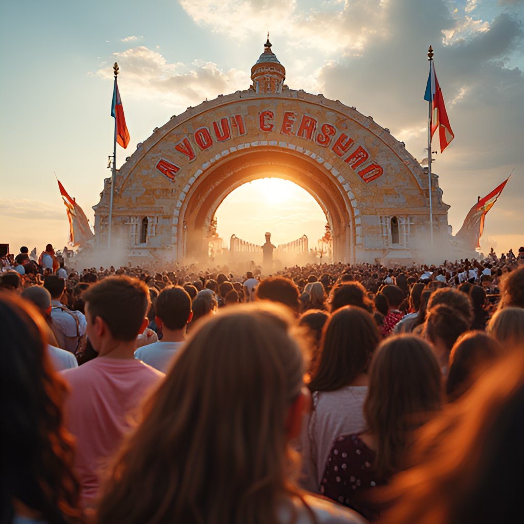 Close-up, dynamic shot of the Brama Ryba (Fish Gate) on Pola Lednickie during a youth gathering, with thousands of young people visible in the background, some walking through the gate, others praying or singing, capturing the energy and spiritual atmosphere, in a vibrant, photorealistic style.