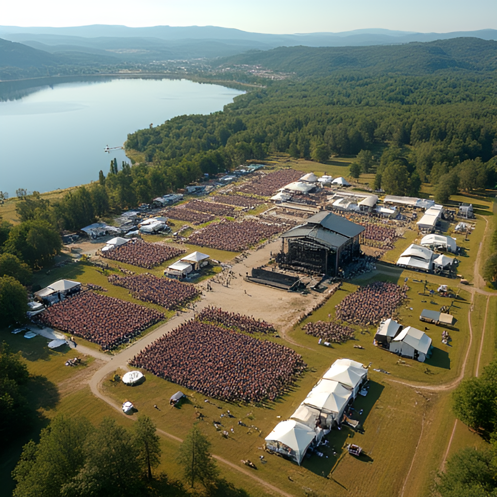 An aerial view showcasing the layout of Pola Lednickie during a large gathering, highlighting the main stage area, the Brama Ryba, various tents and zones, and the vast expanse of the fields filled with people, with Lake Lednica in the background, in a clear, high-angle photorealistic shot.