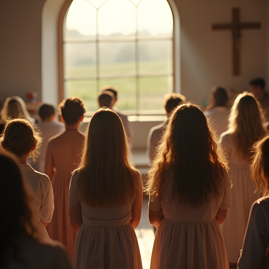 A photo of young people praying or reflecting quietly at the Dom Jana Pawła II (House of John Paul II) on Pola Lednickie, perhaps showing symbolic objects or a view of the fields from the building, conveying a sense of peace and spiritual connection, in a soft-focus, warm-toned photorealistic style.