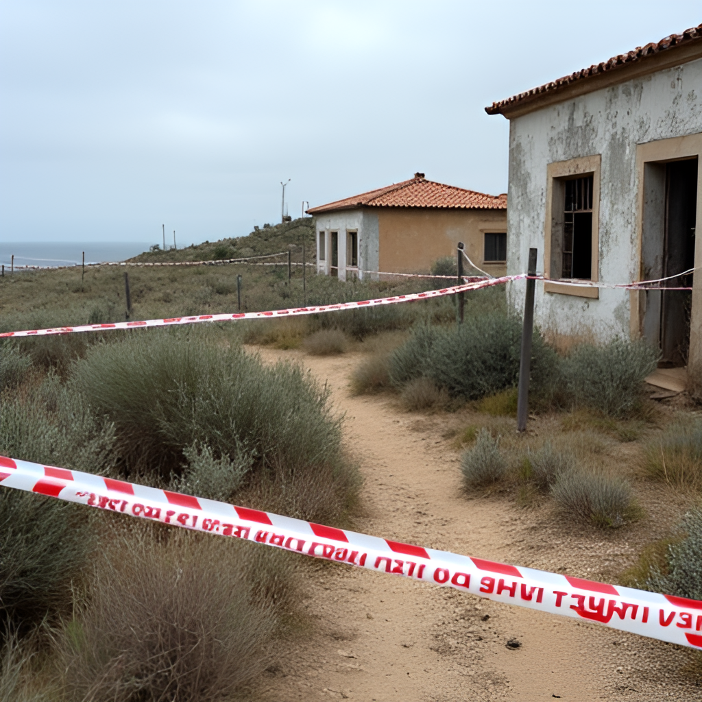 An image showing police tape and forensic markers on scrubland near abandoned buildings, representing the recent search efforts in Portugal related to the case.