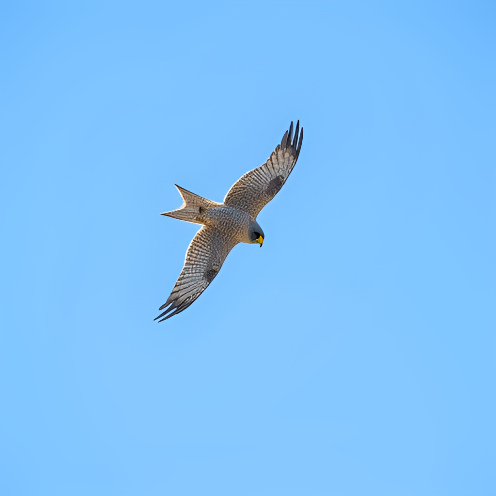 A dynamic shot of a peregrine falcon in a high-speed dive against a clear blue sky, wings tucked, showing its streamlined body and intense focus on prey below.