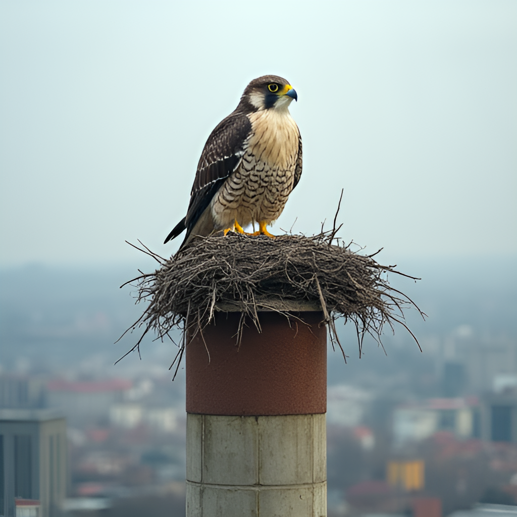 An image showing the contrast of a falcon nesting on a high urban structure, like a power plant chimney or skyscraper, with a view of the city or industrial landscape in the background, symbolizing adaptation.