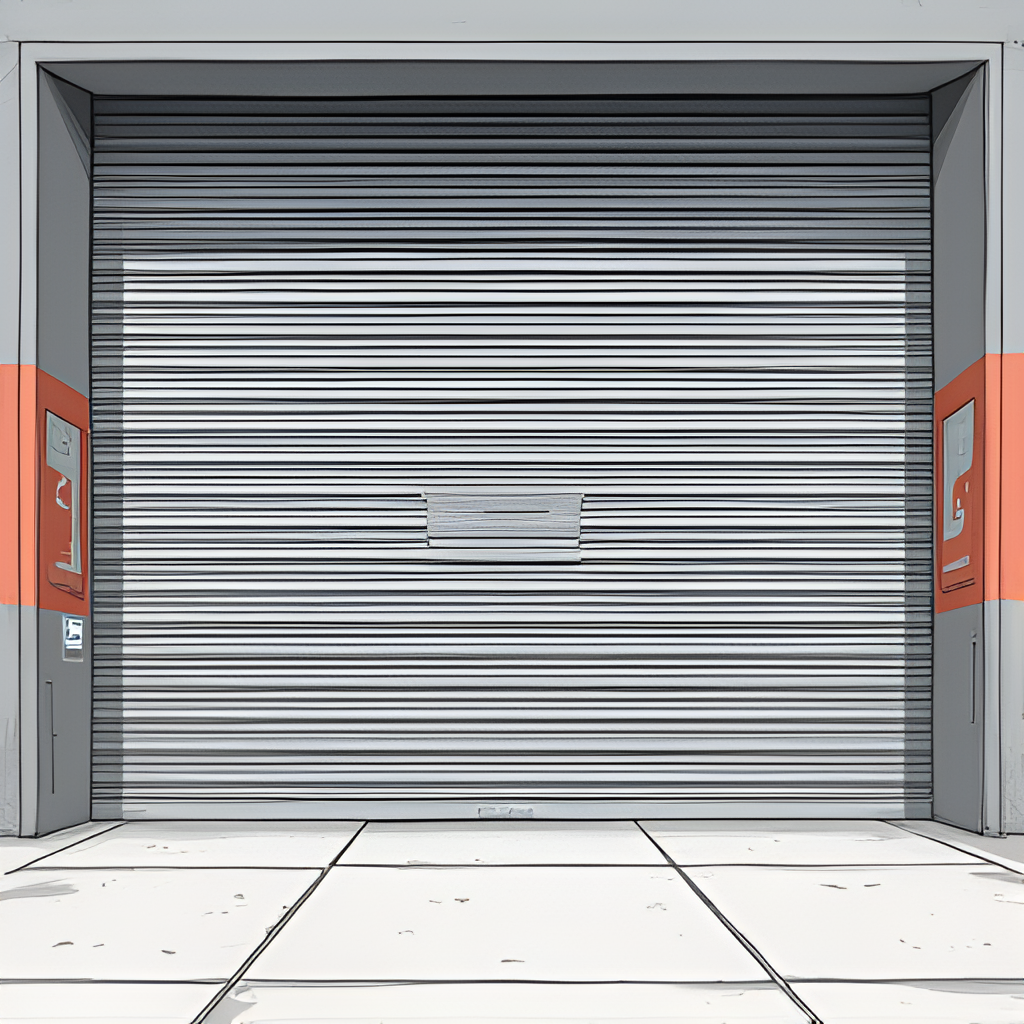 A photo illustration showing closed metal shutters on a large store entrance on a Sunday, with a small, open convenience store visible in the distance, emphasizing the difference between trading and non-trading Sundays in Poland.