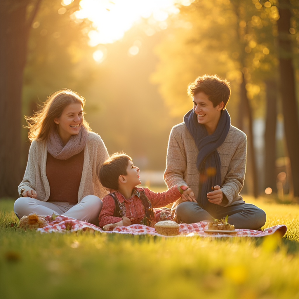 A warm, inviting image of a family or friends enjoying leisure time outdoors on a Sunday, perhaps having a picnic or walking in a park, to visually contrast with the idea of shopping and highlight alternative Sunday activities.