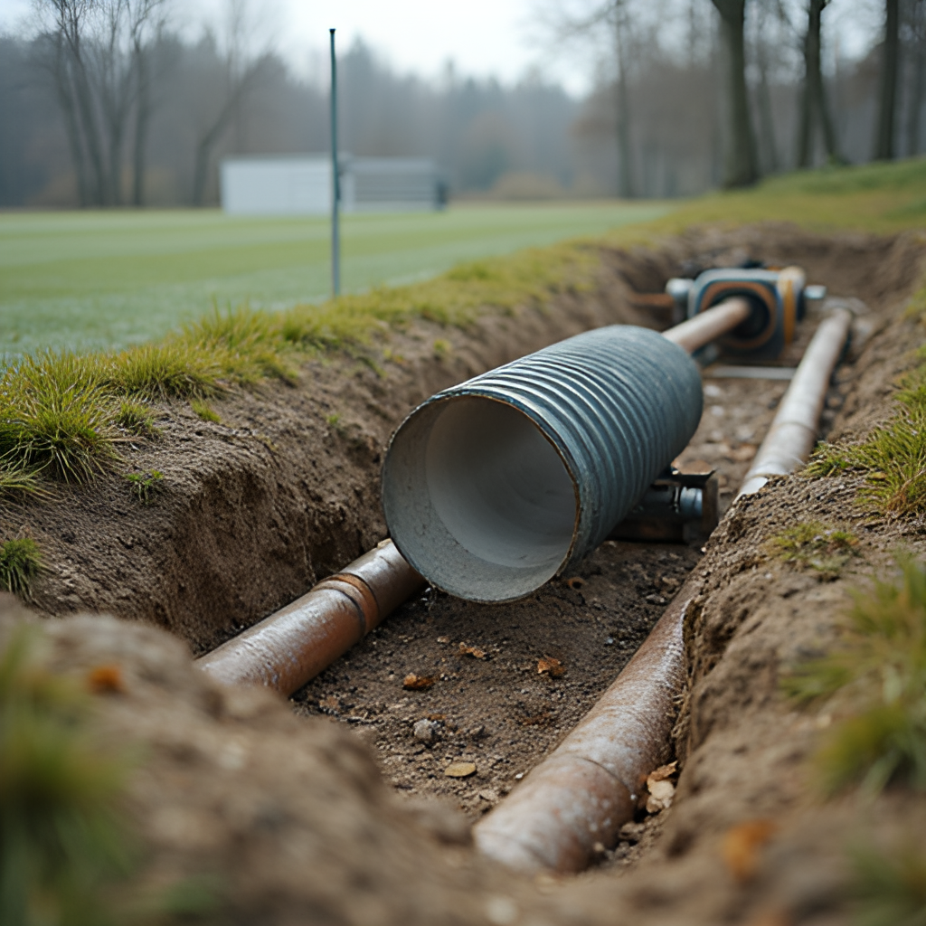 A close-up shot illustrating geothermal energy use in Uniejów, potentially showing pipes or a part of the geothermal heating plant, or perhaps the unique geothermally heated football pitch.
