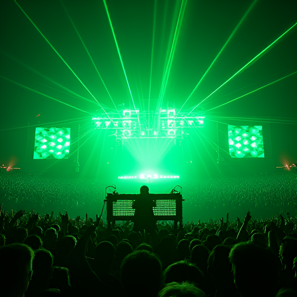 A dynamic, wide shot photo capturing Jean-Michel Jarre performing on stage with his laser harp during a large-scale outdoor concert, showing green laser beams emanating from the instrument towards a massive audience and impressive lighting setup.