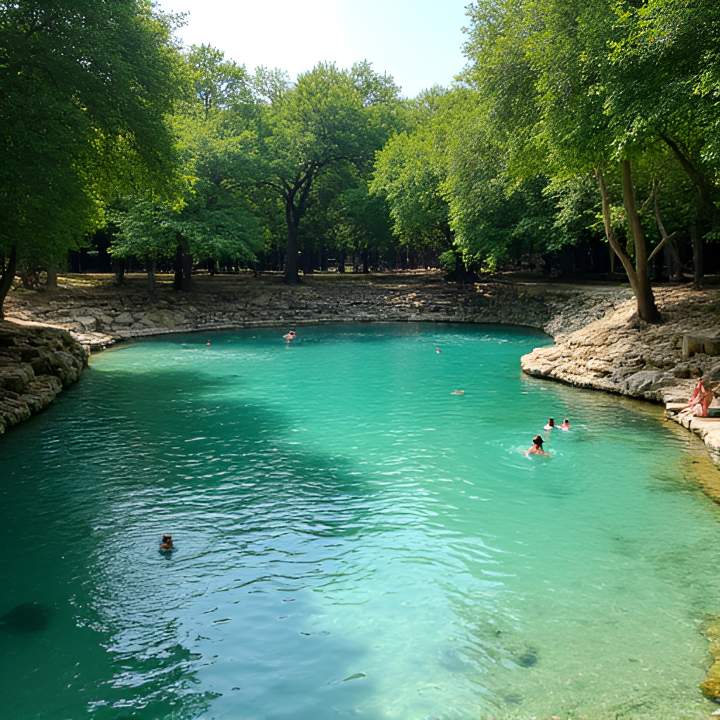 A scenic view of Barton Springs Pool in Zilker Park, Austin, with people swimming in the natural spring-fed pool, surrounded by lush green trees and clear water.