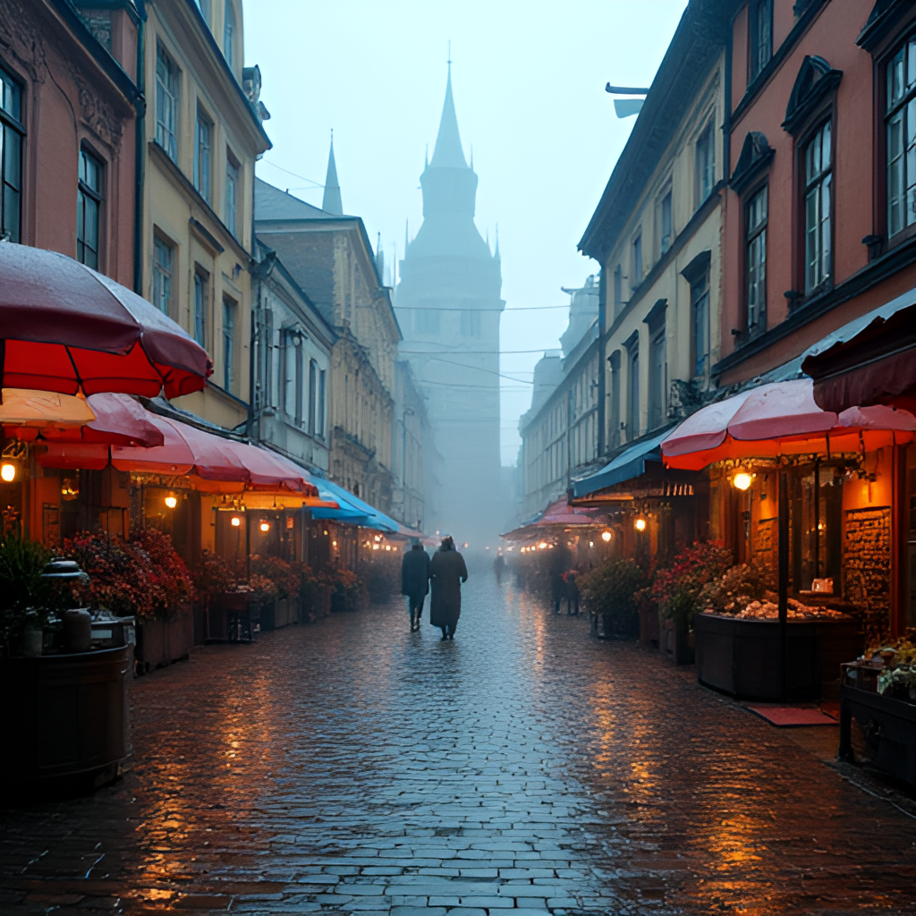 A moody, atmospheric photo of the Long Market (Długi Targ) in Gdańsk during a light rain shower, with wet cobblestones reflecting the historic buildings and colorful umbrellas.